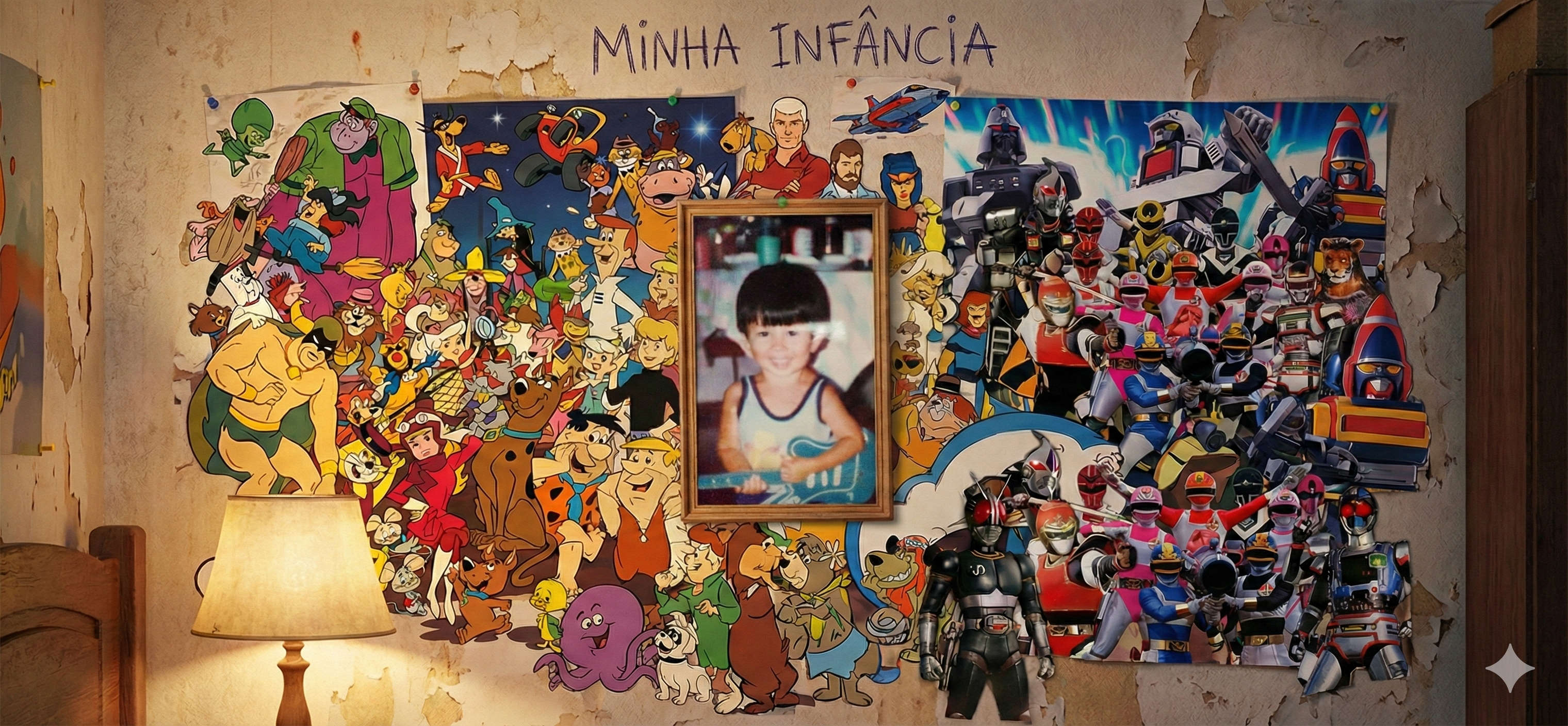 Collage of childhood in the 80s: to the center, Mauricio child in a wooden frame; to the left, drawings of Hanna-Barbera; to the right, a wall of heroes of Tokusatsu; a lamp of warm light illuminates the scene.